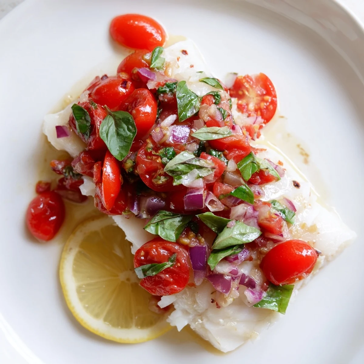 A close-up of tender baked halibut with juicy tomato and basil relish, drizzled with olive oil and balsamic vinegar for a flavorful weeknight seafood meal.