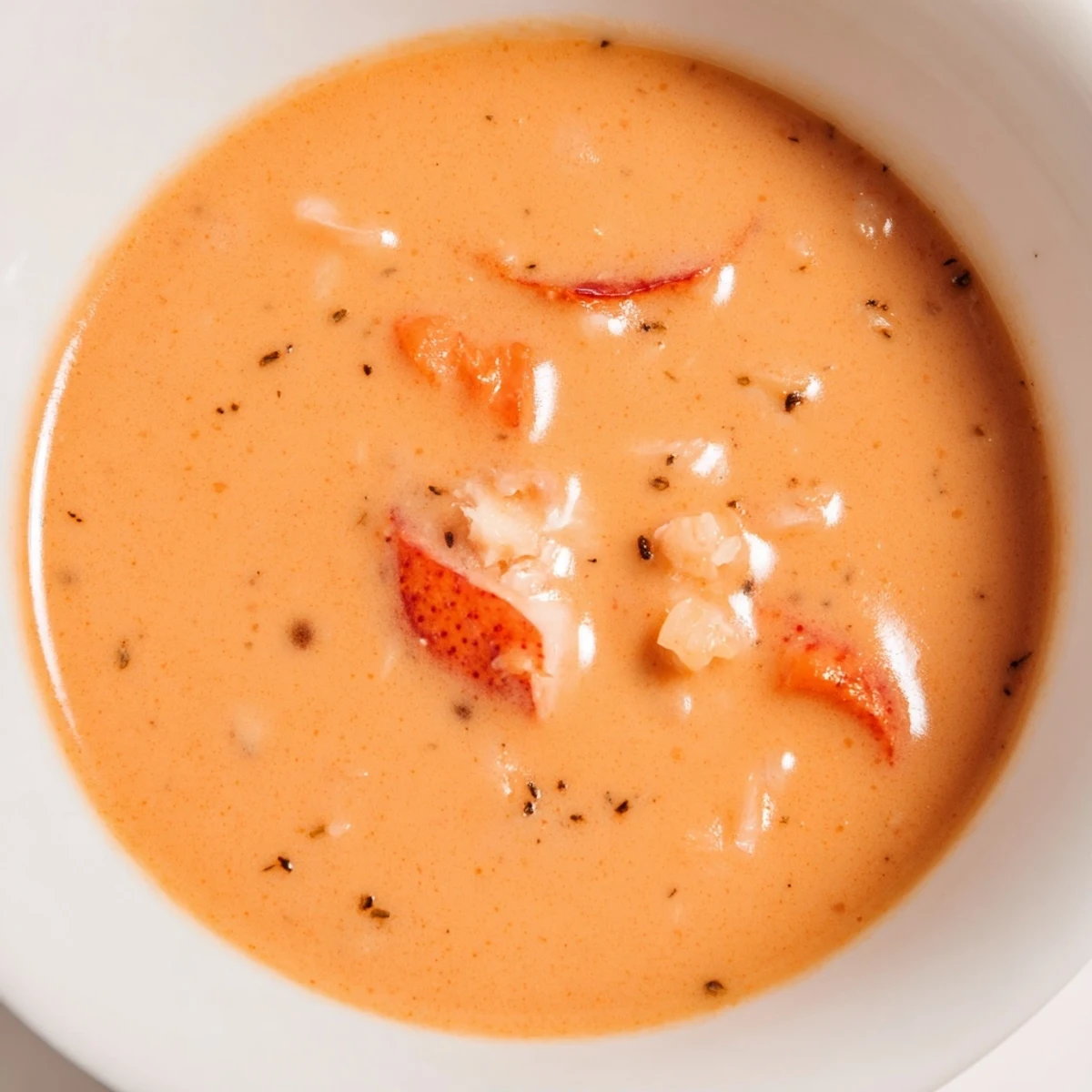 A bowl of creamy Romantic Lobster Bisque with Sherry Vinegar garnished with chives and a drizzle of sherry vinegar, served alongside crusty bread.