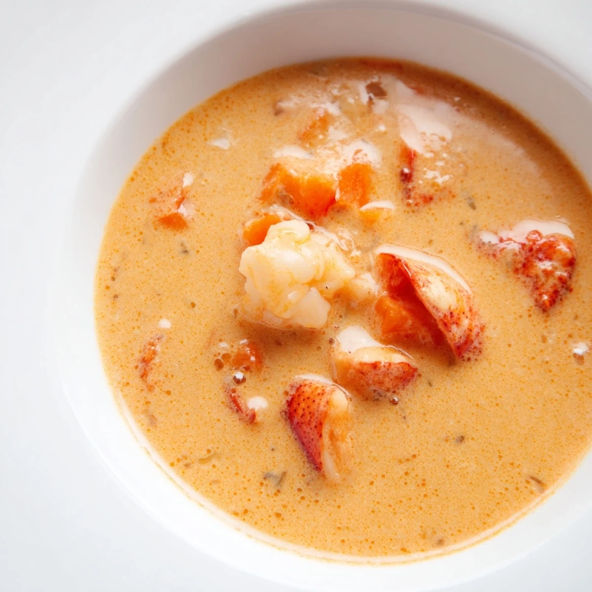 Steaming Romantic Lobster Bisque with Sherry Vinegar features tender lobster chunks in a velvety, coral-hued broth for a special occasion dinner.