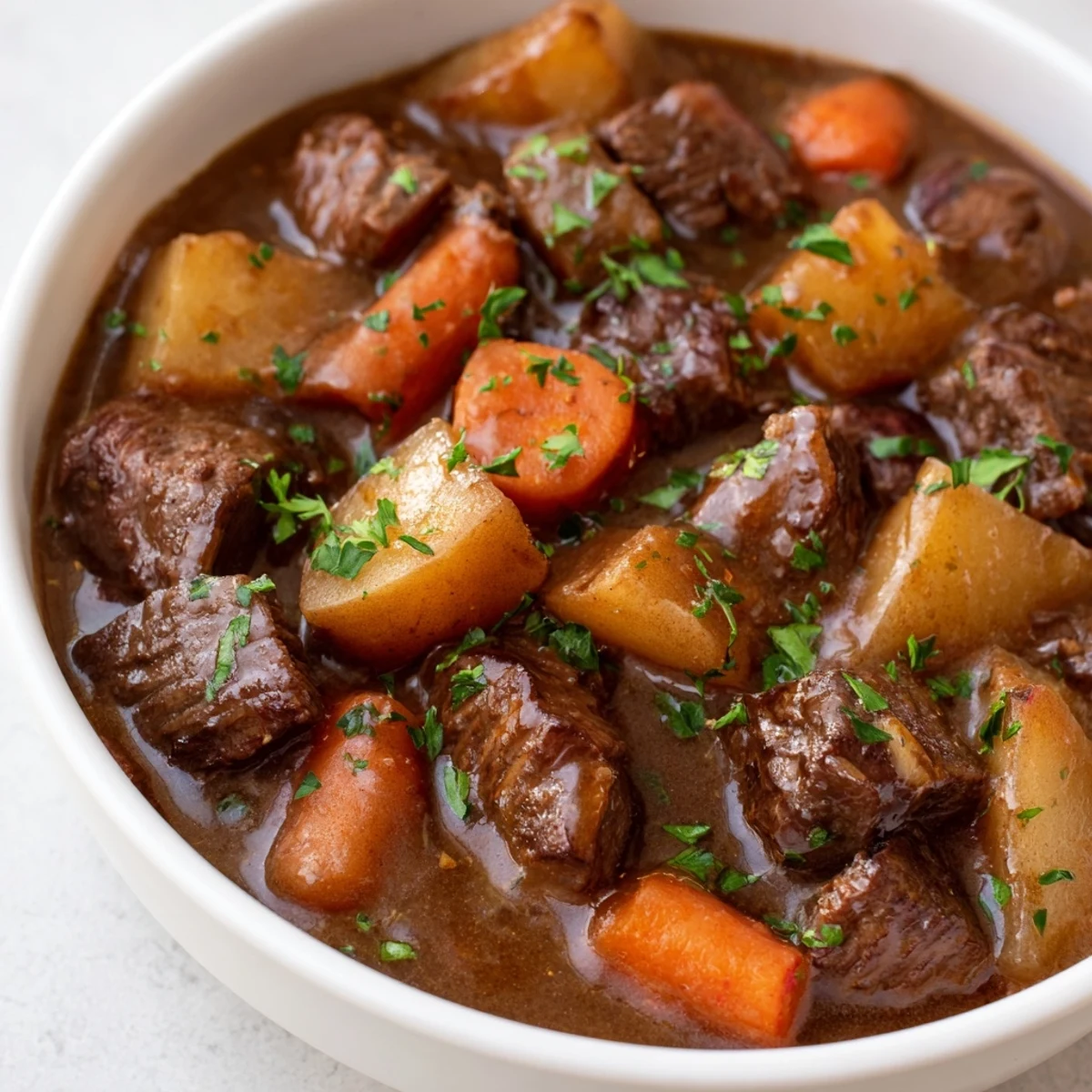 Slow cooker beef stew with carrots and potatoes steaming in a rich, savory broth, with tender meat and vegetables in a rustic bowl.