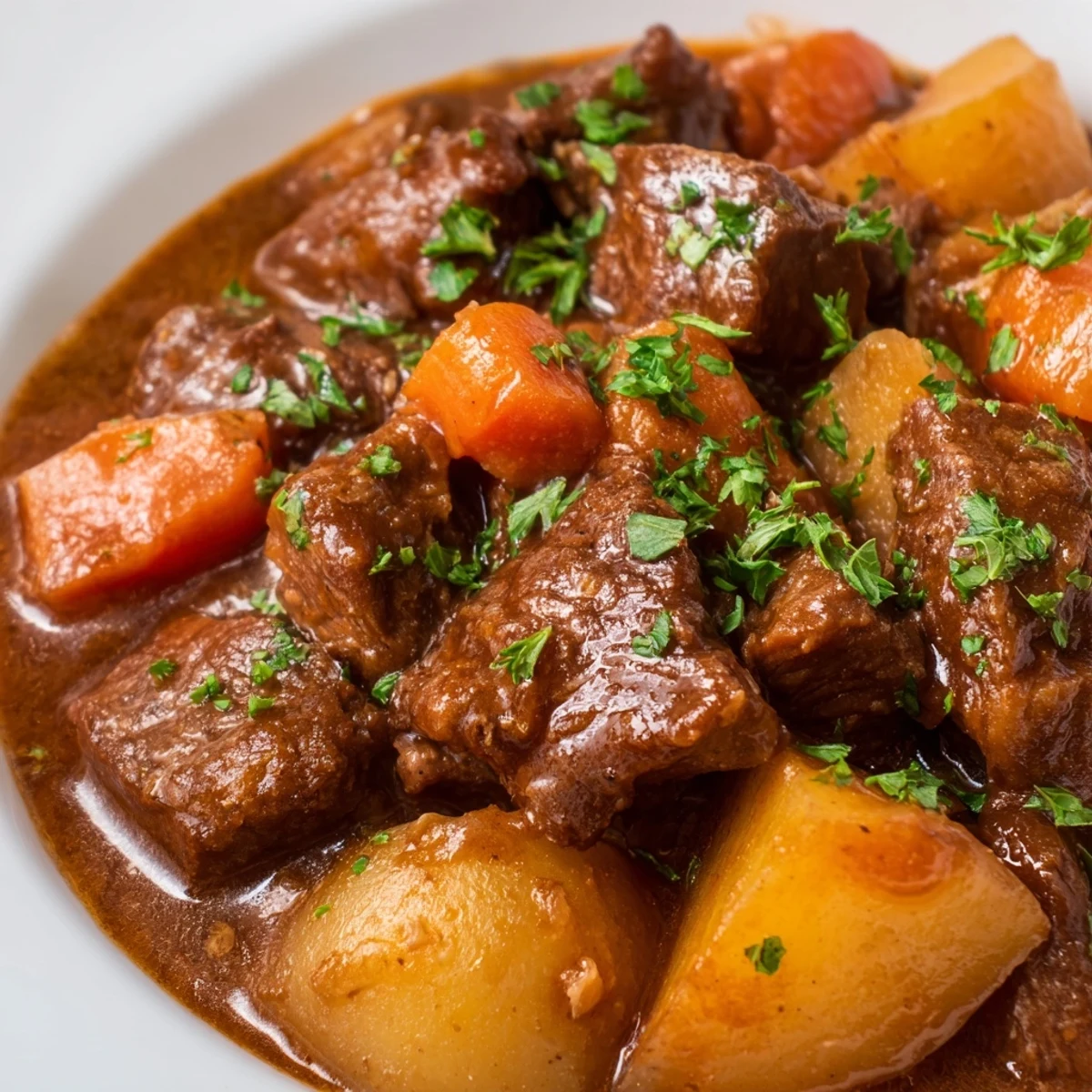 A hearty serving of slow cooker beef stew featuring carrots and potatoes, garnished with fresh parsley and ready to enjoy with crusty bread.