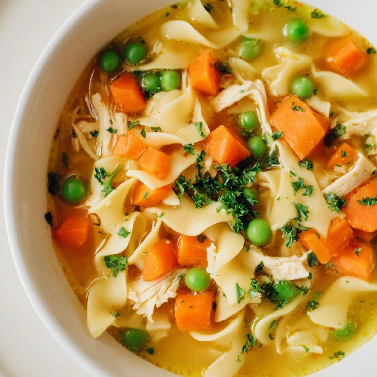 A steaming bowl of Chicken Vegetable Soup with Noodles, featuring tender shredded chicken, carrots, celery, and peas in a clear, savory broth.