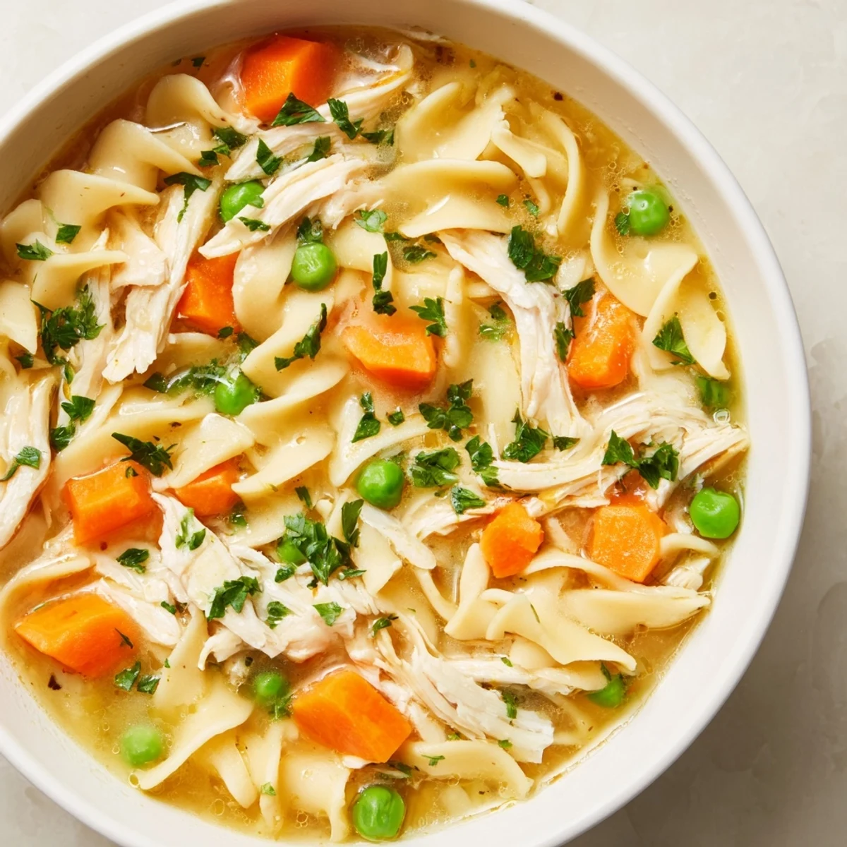Close-up of Chicken Vegetable Soup with Noodles in a rustic bowl, garnished with fresh parsley and colorful vegetables for a comforting meal.
