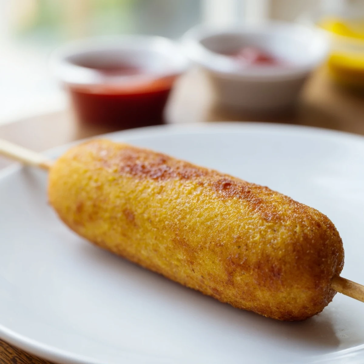 Golden-brown Super Bowl Mini Corn Dogs sit on a cooling rack, their crispy batter peeking from hot oil, ready for game day dipping.  