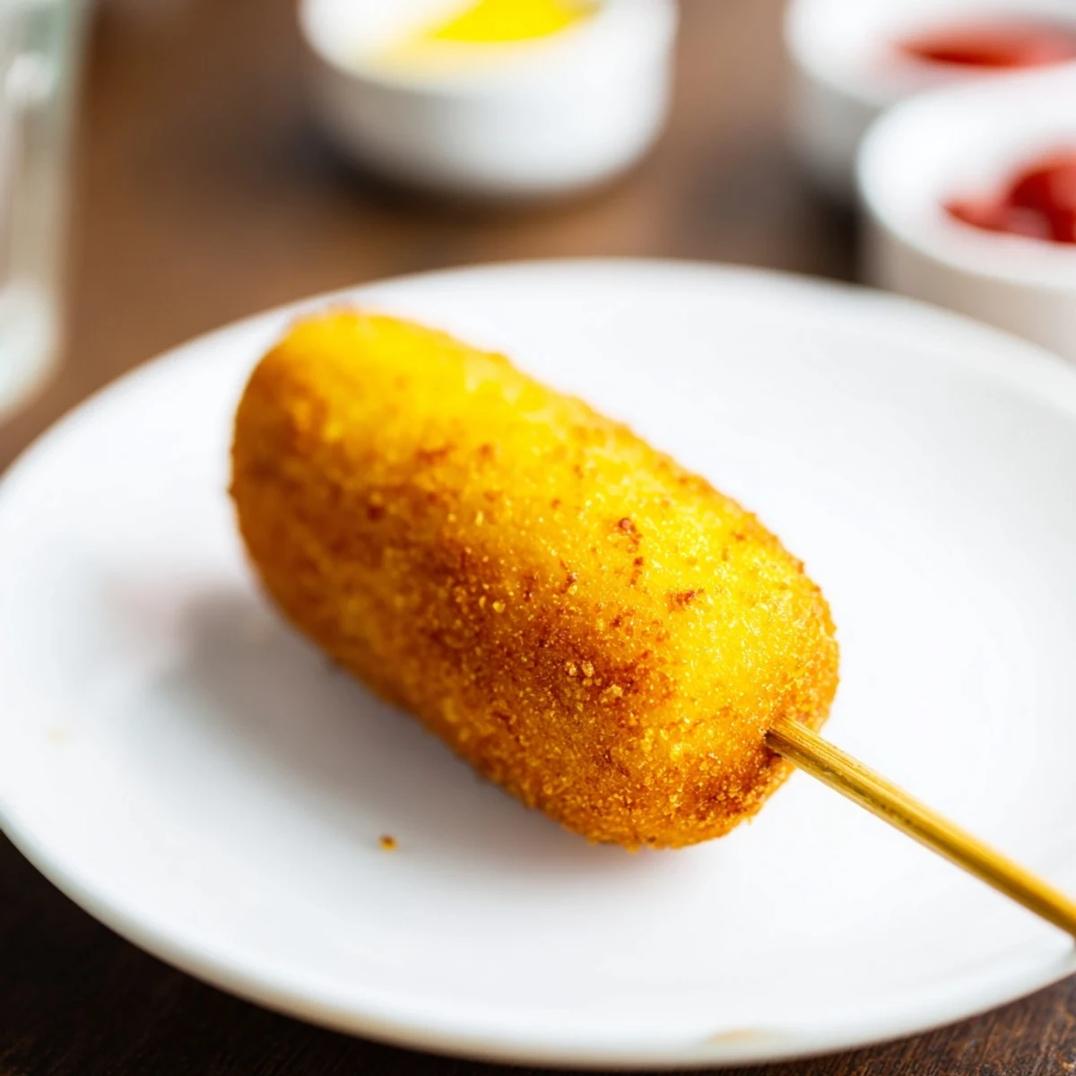 A platter of Super Bowl Mini Corn Dogs shows halal beef franks wrapped in golden, crunchy batter, served with ketchup and mustard.  