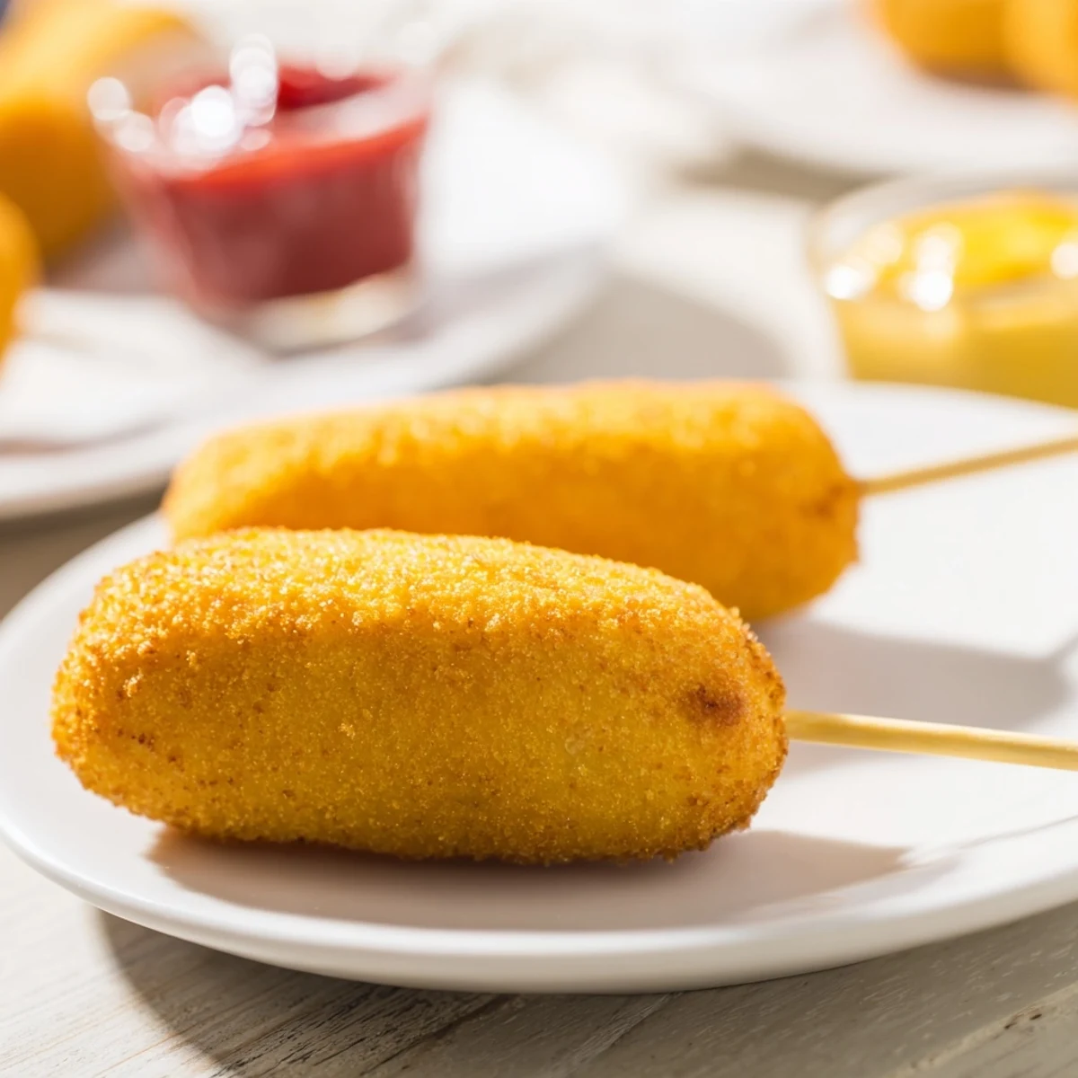 Super Bowl Mini Corn Dogs, freshly fried and golden, line a parchment-lined tray, steam rising from the hot, crispy snacks.