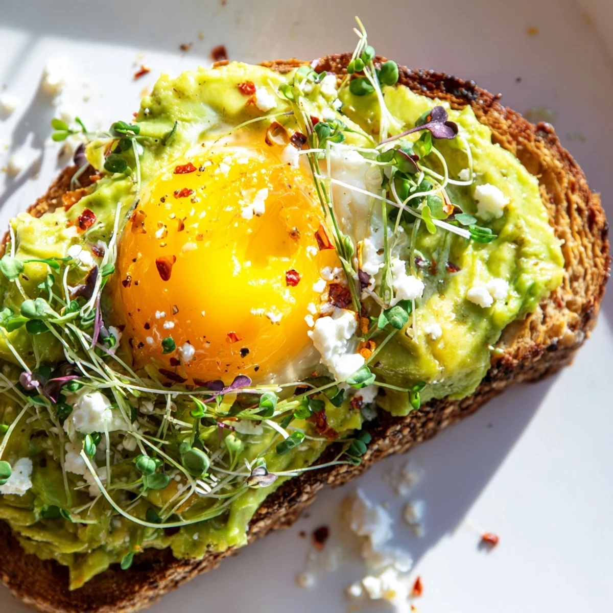 A close-up of a fork lifting a bite of avocado toast with a runny yolk, showing creamy texture and a drizzle of olive oil.