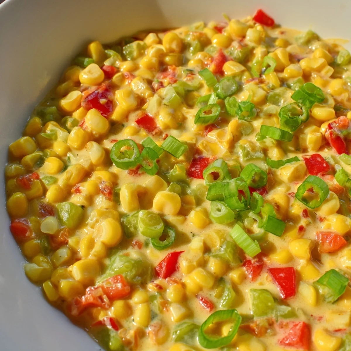 Creole Corn Maque Choux simmered in a skillet with tomatoes, onions, and creamy Creole spices.  