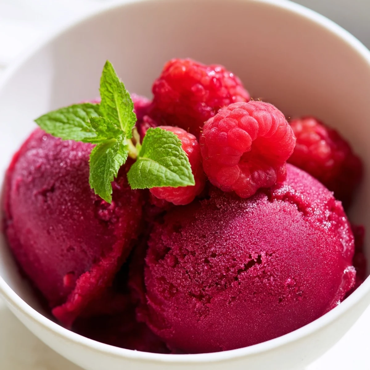 Freshly scooped Valentine Raspberry Sorbet in chilled glass bowls with fresh raspberries and mint garnish.