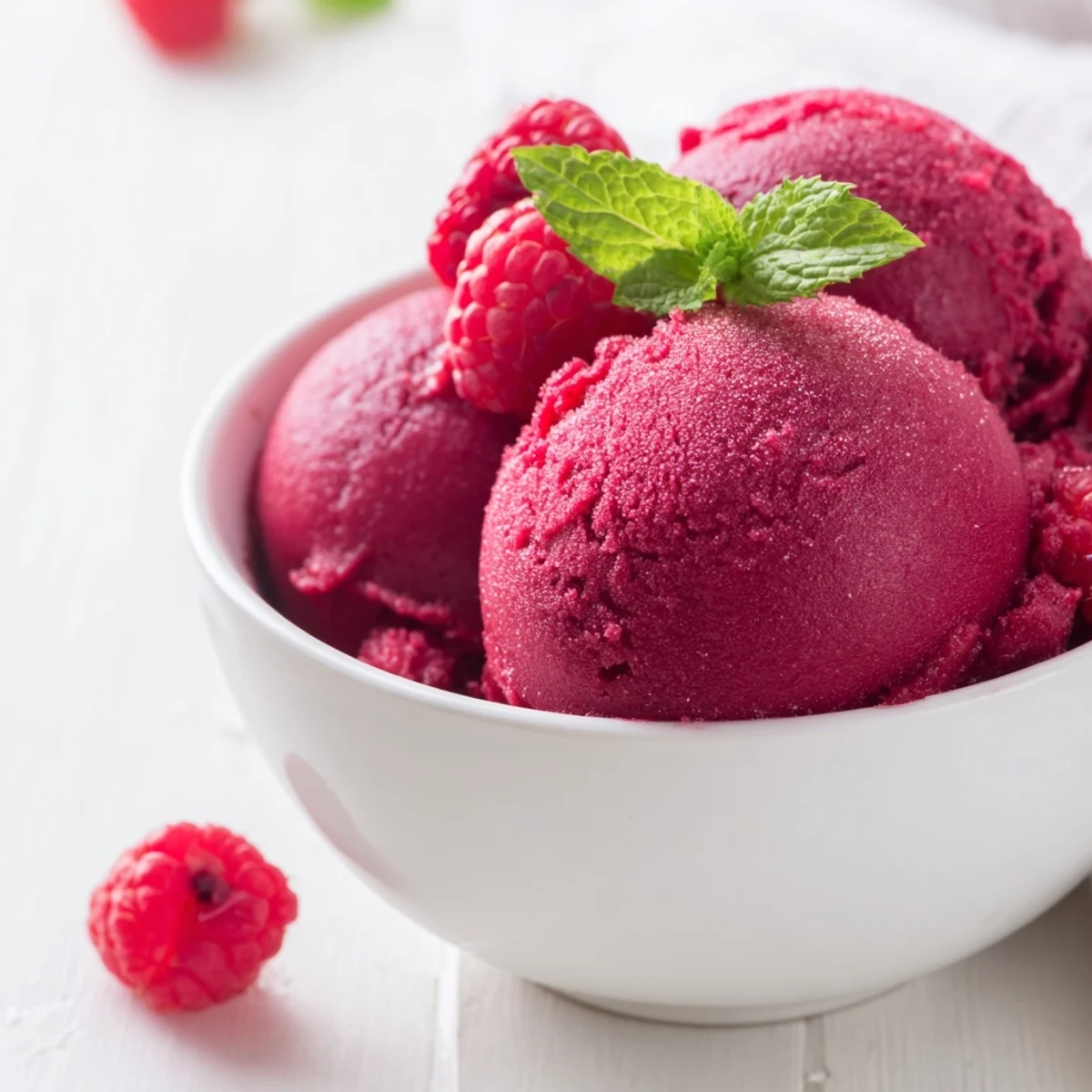 Valentine Raspberry Sorbet served in elegant glasses with a background of fresh raspberries and sparkling rosé.