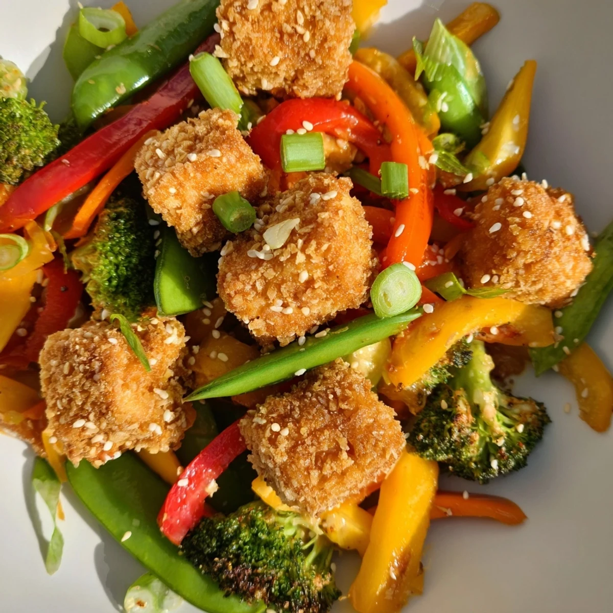 Crispy coconut tofu cubes are baked until golden and served over colorful stir-fry vegetables.
