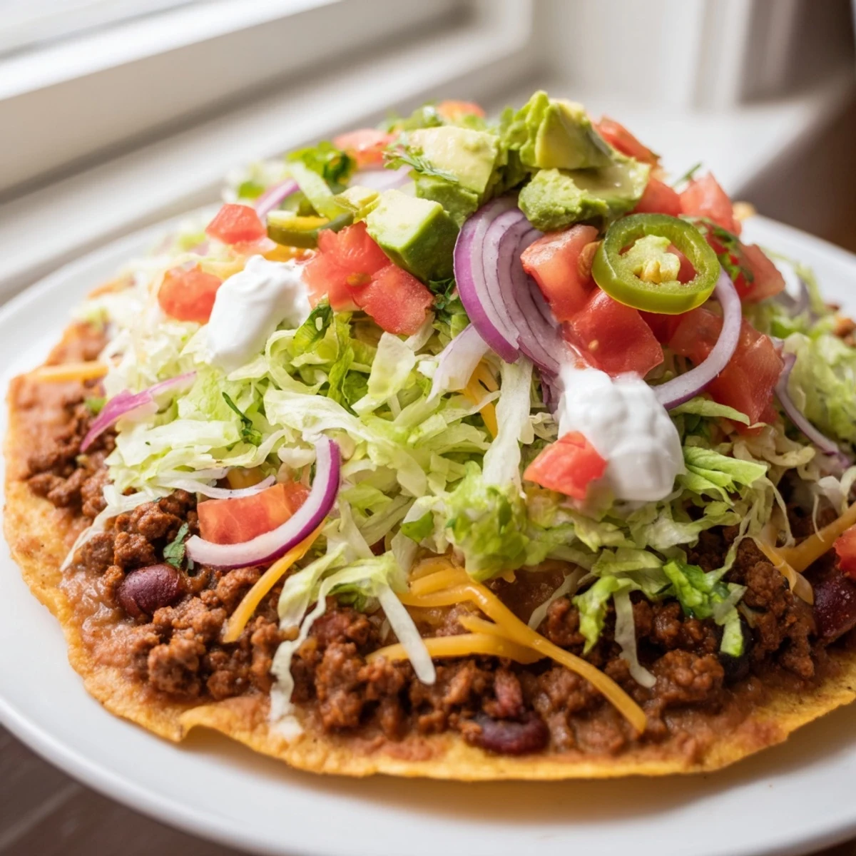 Golden, crispy corn tostadas layered with creamy refried beans and savory, cumin-spiced ground beef. Topped with shredded lettuce, diced tomatoes, and melted cheese for a perfect crunch.