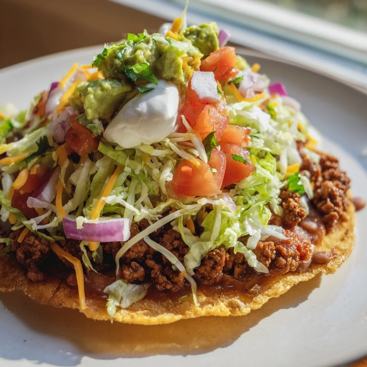 Freshly assembled Beef Tostadas with seasoned ground beef and refried beans, garnished with avocado slices, jalapeños, and a drizzle of sour cream on a rustic plate.