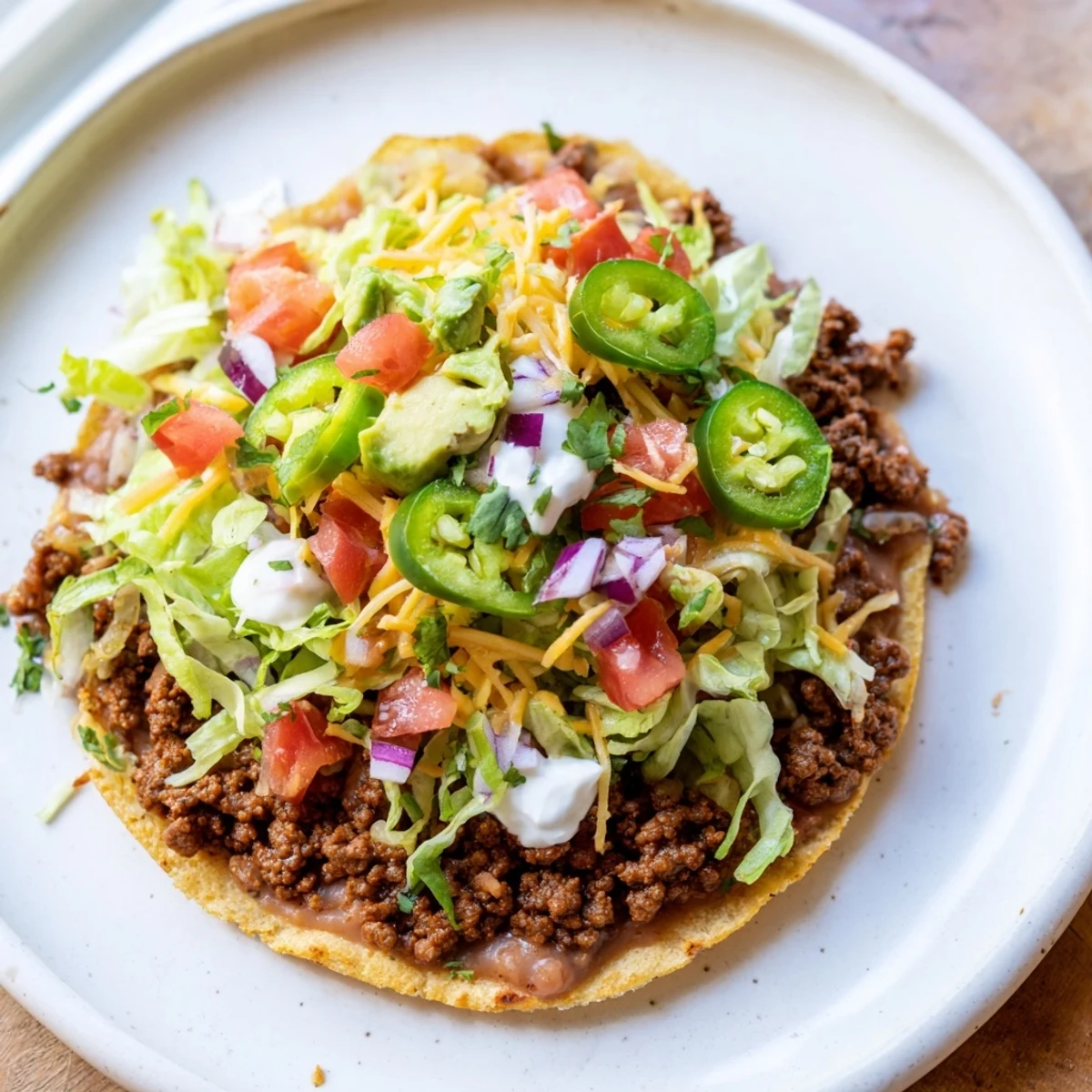 A close-up view of warm Beef Tostadas featuring hearty ground beef, melted cheddar, and vibrant fresh toppings like cilantro and lime wedges, ready to serve.