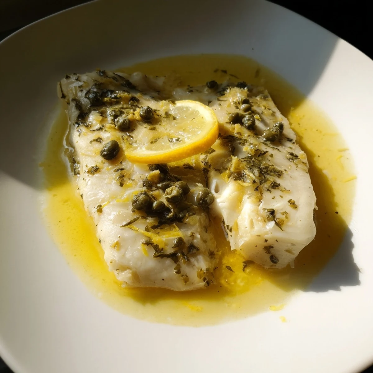 Golden-brown Baked Haddock with Lemon and Capers served on a white plate, flaky fish with a zesty yellow sauce and fresh green parsley garnish.