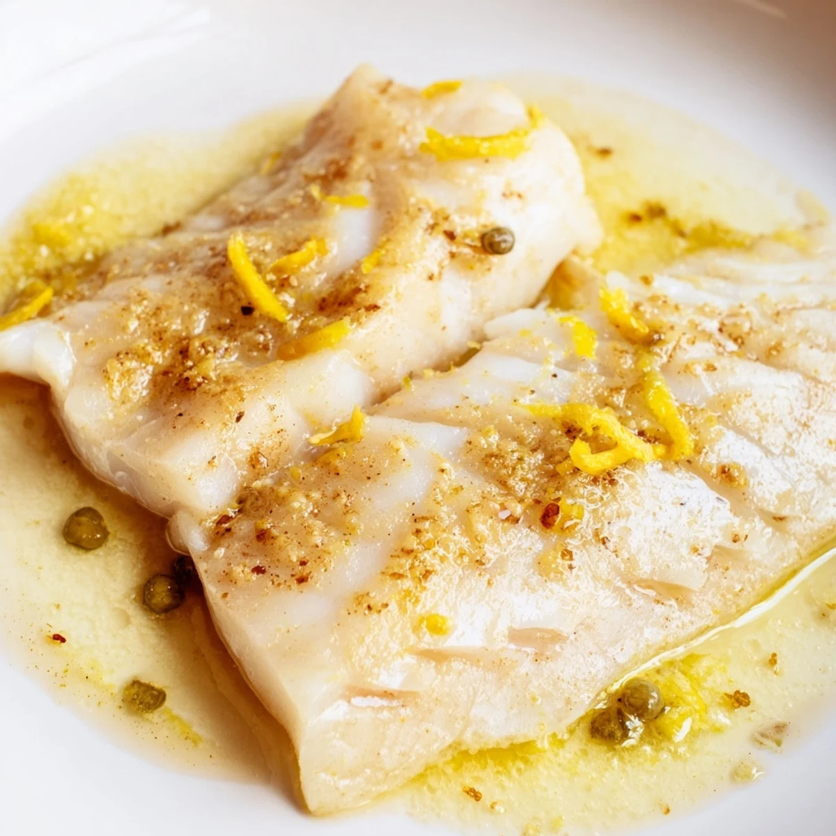 Fork-tender Baked Haddock with Lemon and Capers flaking apart in a baking dish, surrounded by roasted lemon slices and bubbly garlic butter sauce.