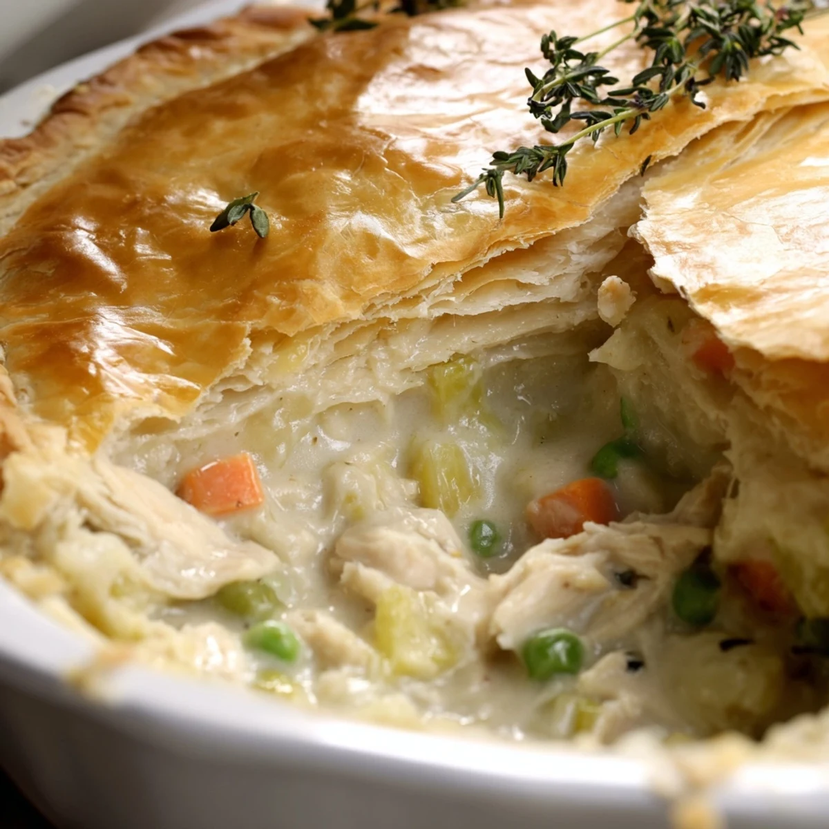 Golden, flaky puff pastry tops a creamy Turkey Pot Pie with peas and carrots, served hot in a white dish.