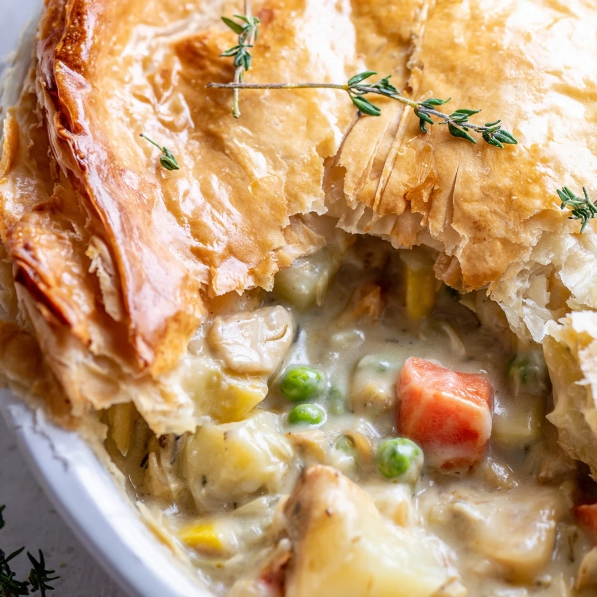 Fresh thyme and tender turkey peek through the buttery crust of this cozy Turkey Pot Pie, ready to serve.