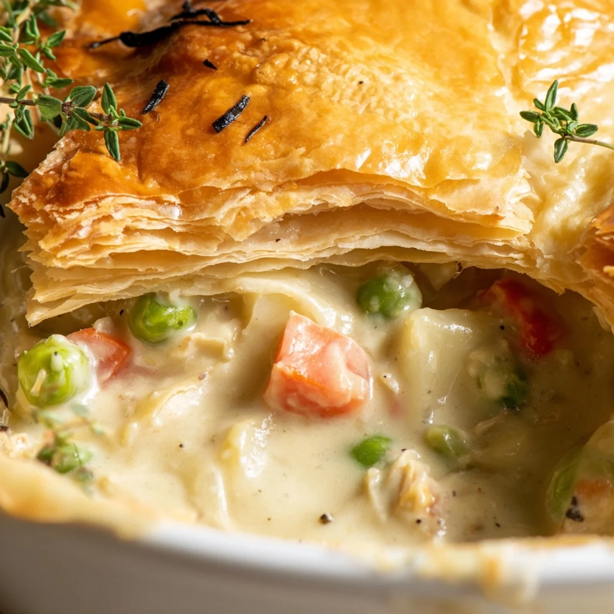 Steam rises from a slice of Turkey Pot Pie, revealing a rich filling with celery, peas, and diced turkey.