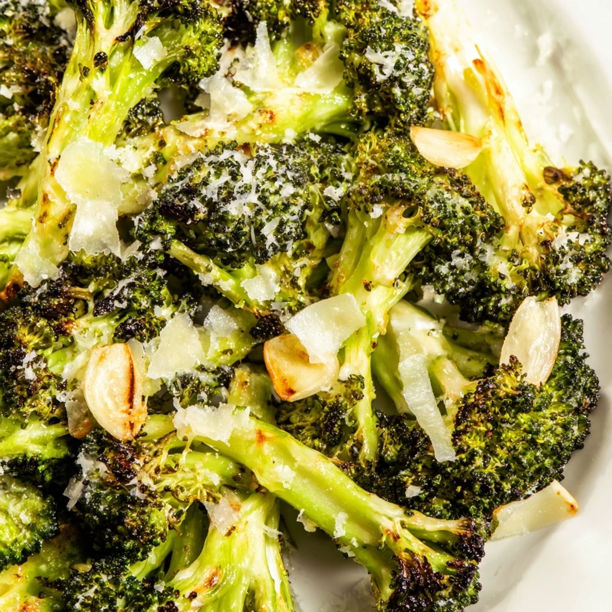 Golden-brown Roasted Broccoli with Garlic and Parmesan, fresh from the oven on a baking sheet.