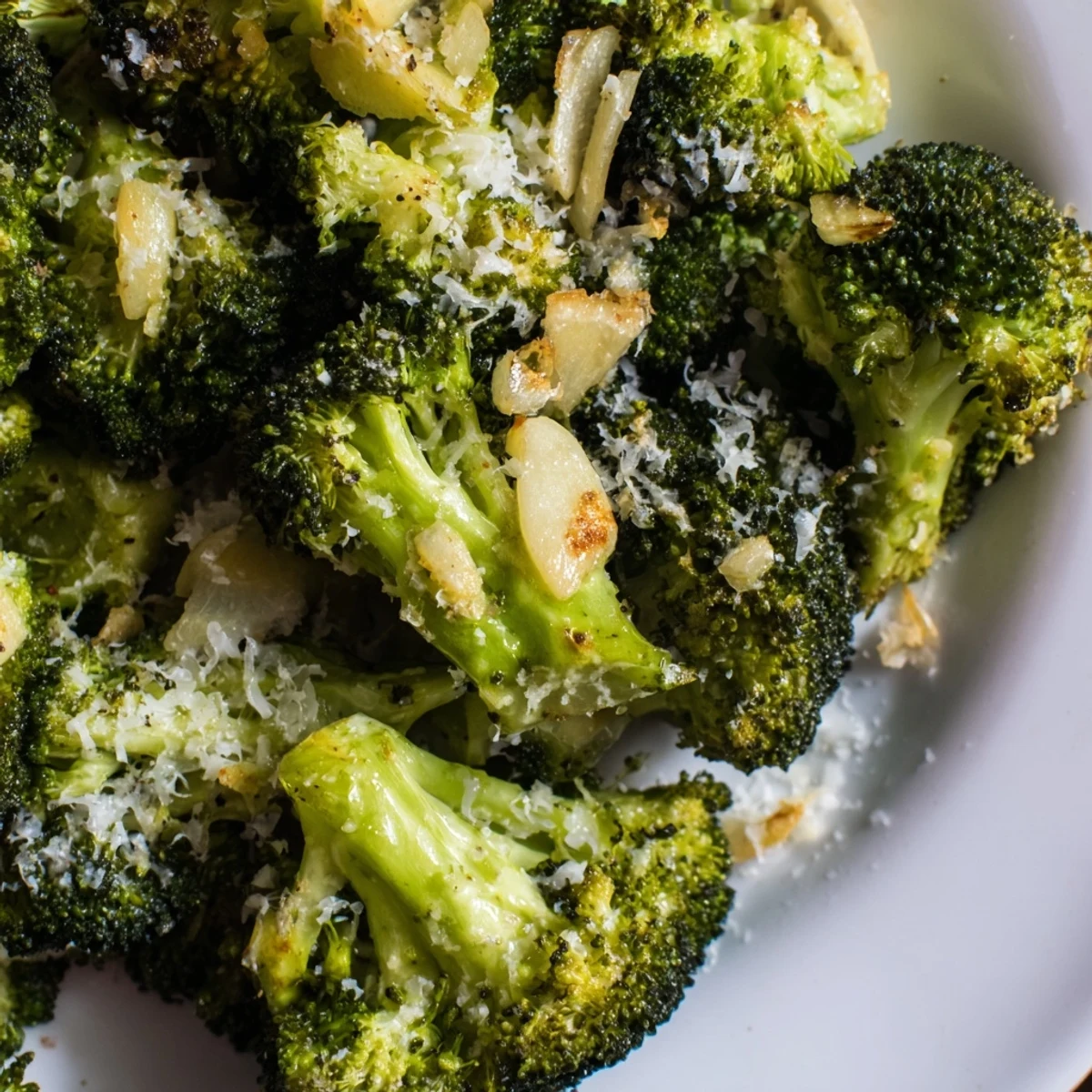 Tender-crisp Roasted Broccoli with Garlic and Parmesan tossed with parsley and lemon zest on a plate.