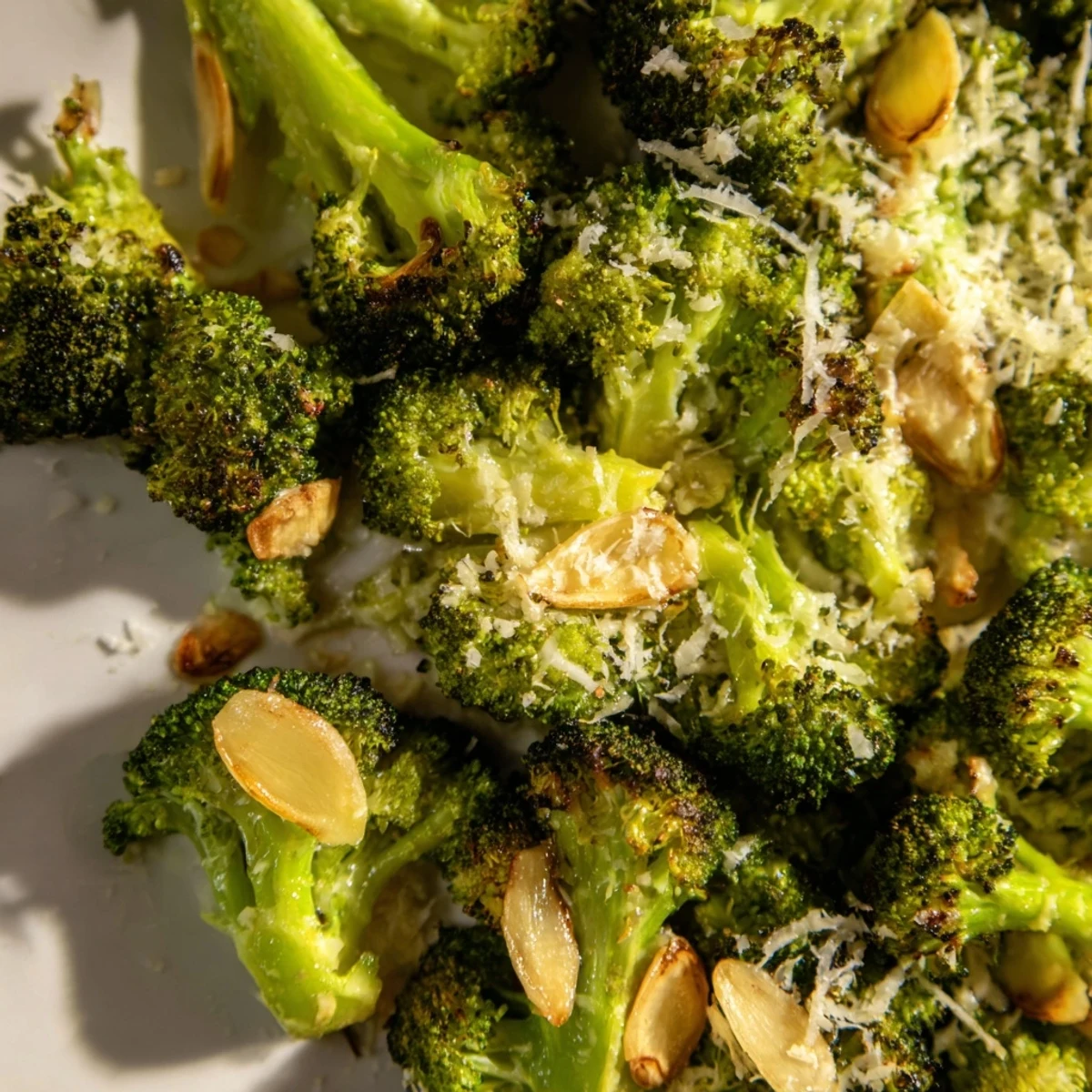 Serving suggestion for Roasted Broccoli with Garlic and Parmesan alongside grilled chicken on a rustic table.