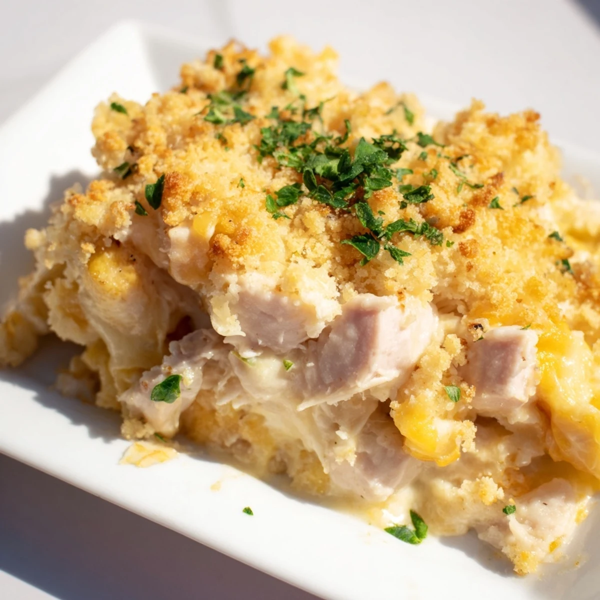 A creamy Chicken Cordon Bleu Casserole with tender halal chicken, turkey, and Swiss cheese, served in a baking dish.