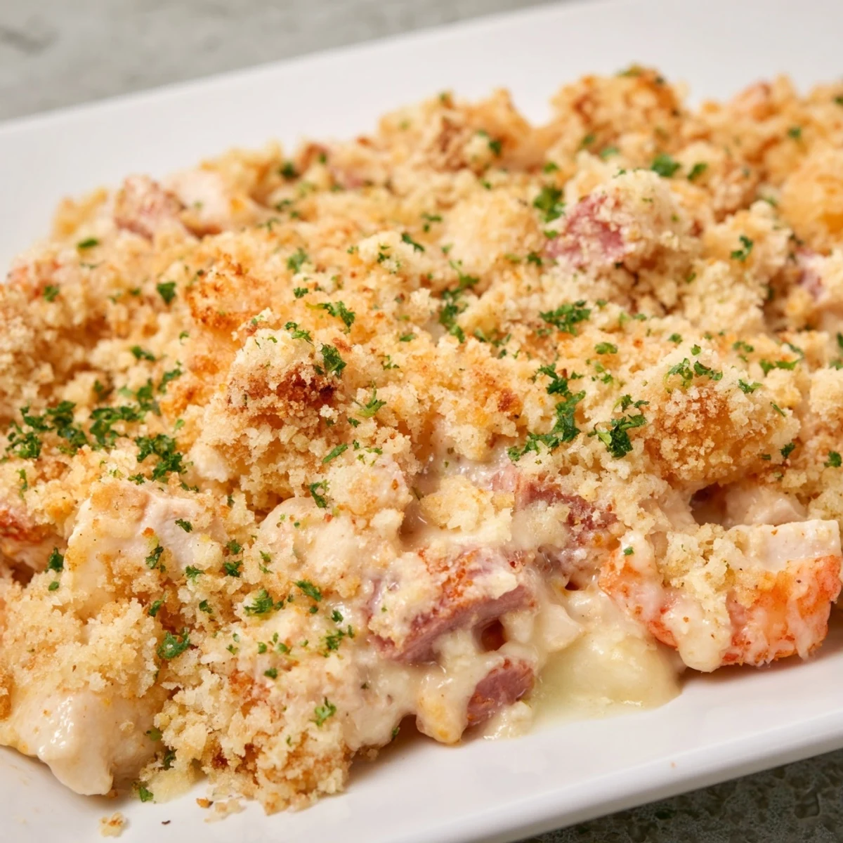 Golden, bubbly Chicken Cordon Bleu Casserole fresh from the oven, topped with crispy panko breadcrumbs and fresh parsley.