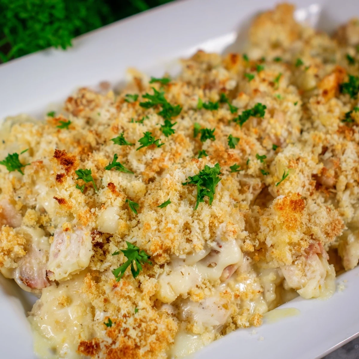 Sliced wedges of Chicken Cordon Bleu Casserole reveal layers of halal turkey and chicken in a rich, cheesy sauce.