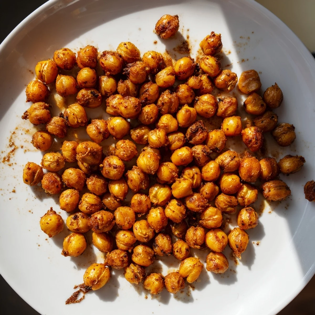 Golden, crunchy Spicy Roasted Chickpeas with cumin and chili piled high in a rustic ceramic bowl, ready to snack on.