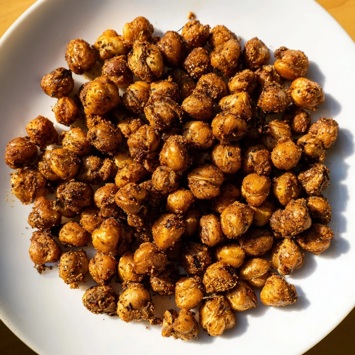 Oven-baked Spicy Roasted Chickpeas on a parchment-lined tray, dusted with cumin and paprika for a smoky, spicy finish.