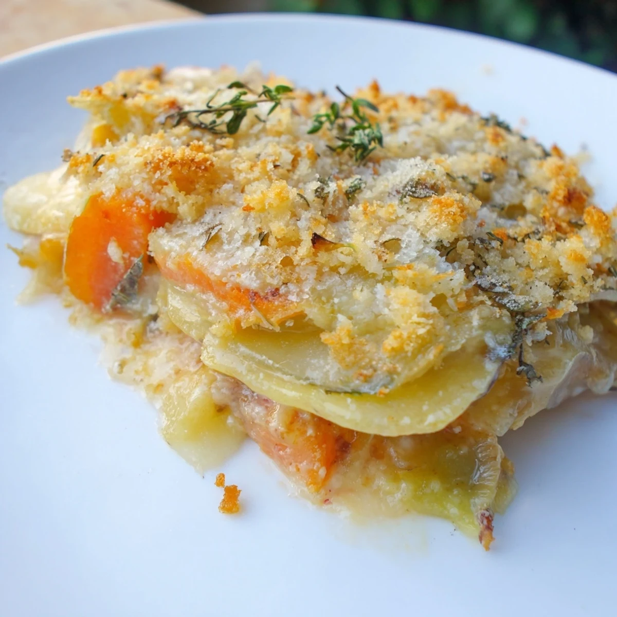 Cracked black pepper and nutmeg season creamy sauce over tender layered vegetables in this cozy Winter Vegetable Gratin with Gruyere.