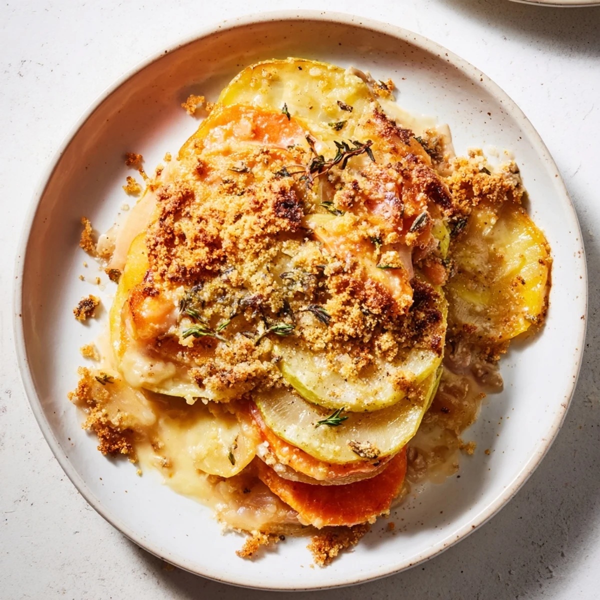 Fresh thyme and crispy breadcrumbs top this bubbling Winter Vegetable Gratin with Gruyere, showcasing sliced carrots, potatoes, and parsnips.