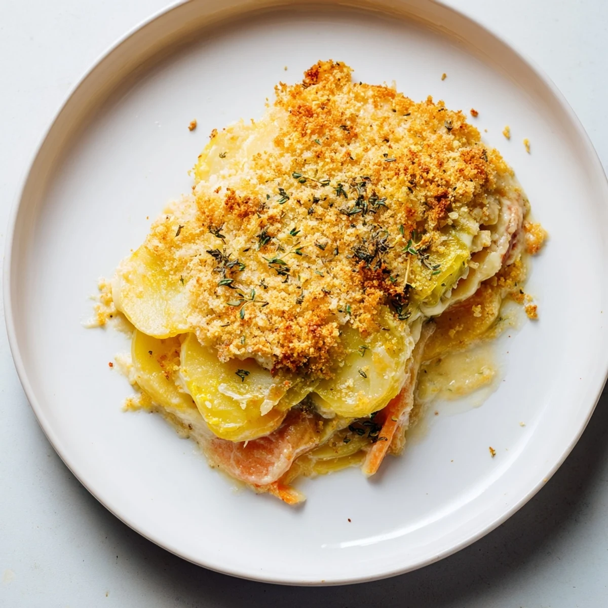 A golden-baked Winter Vegetable Gratin with Gruyere sits bubbly in a ceramic dish, ready for a chilly evening meal.