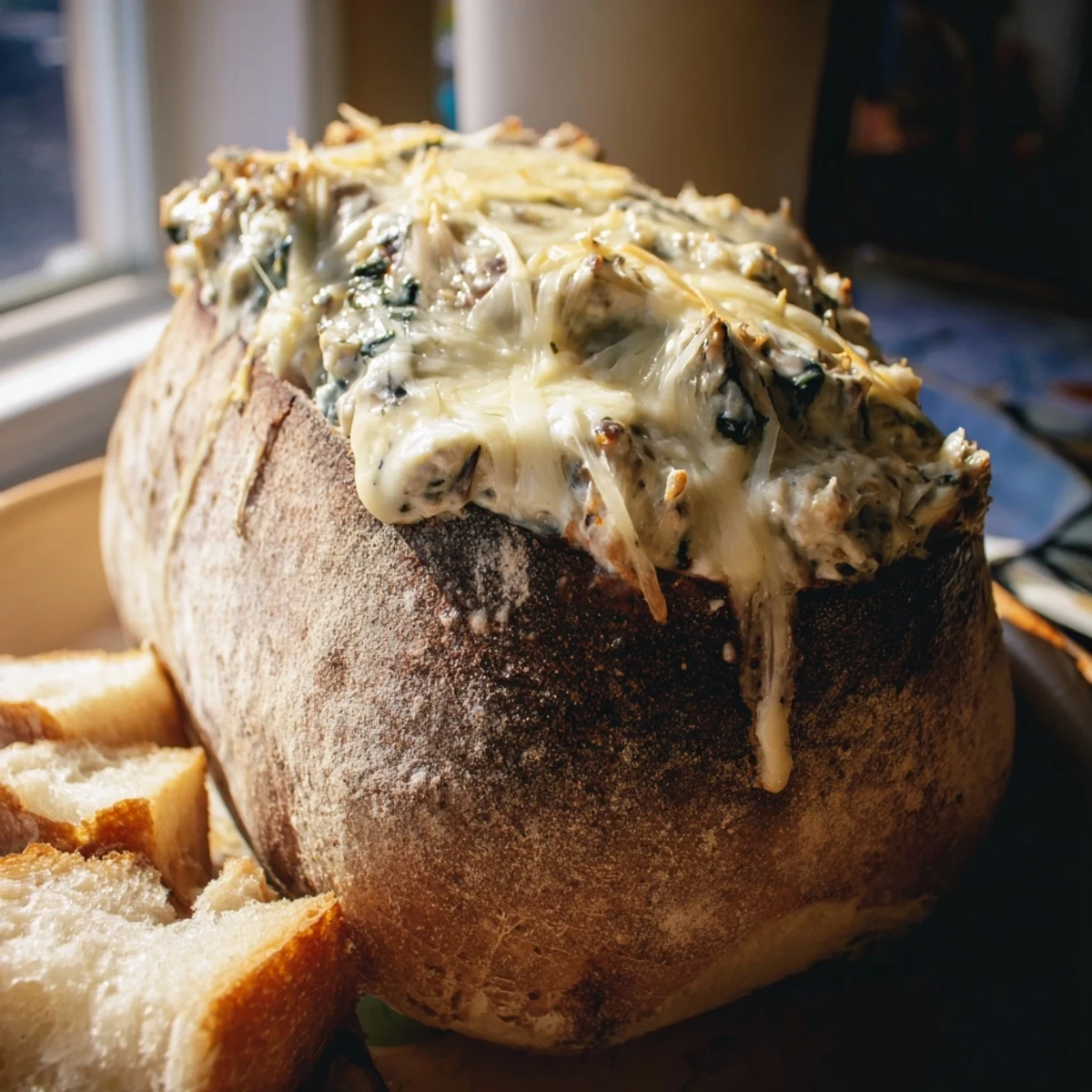 Freshly baked Creamy Spinach Dip steaming inside a hollowed sourdough loaf, with golden, bubbly cheese and herbs.