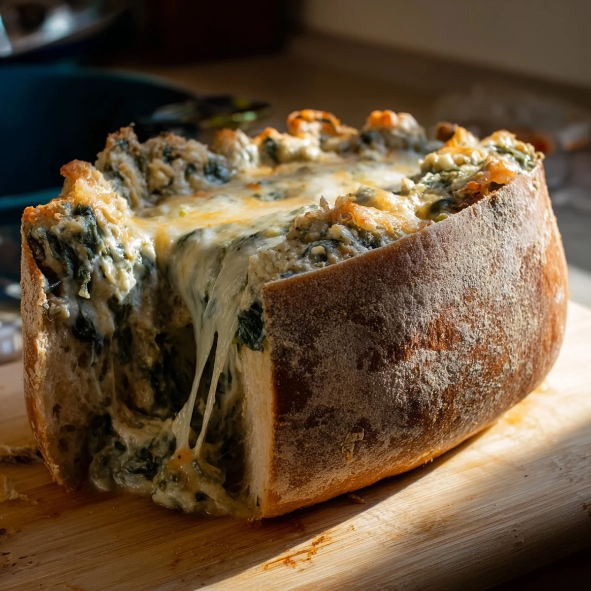 A warm bowl of Creamy Spinach Dip surrounded by rustic sourdough bread pieces, ready for a party.