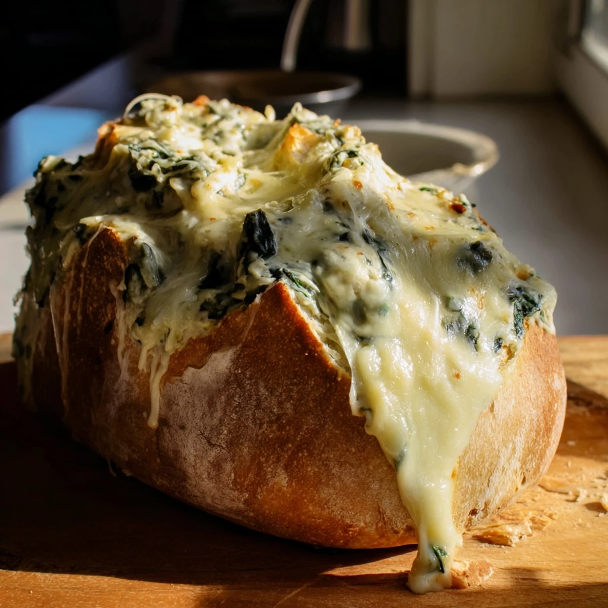 Golden-brown baked Creamy Spinach Dip served hot in a ceramic dish, garnished with fresh herbs and Parmesan.