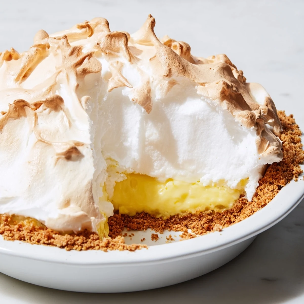 Freshly baked Lemon Meringue Pie with a golden graham cracker crust and fluffy toasted meringue, served on a rustic plate.