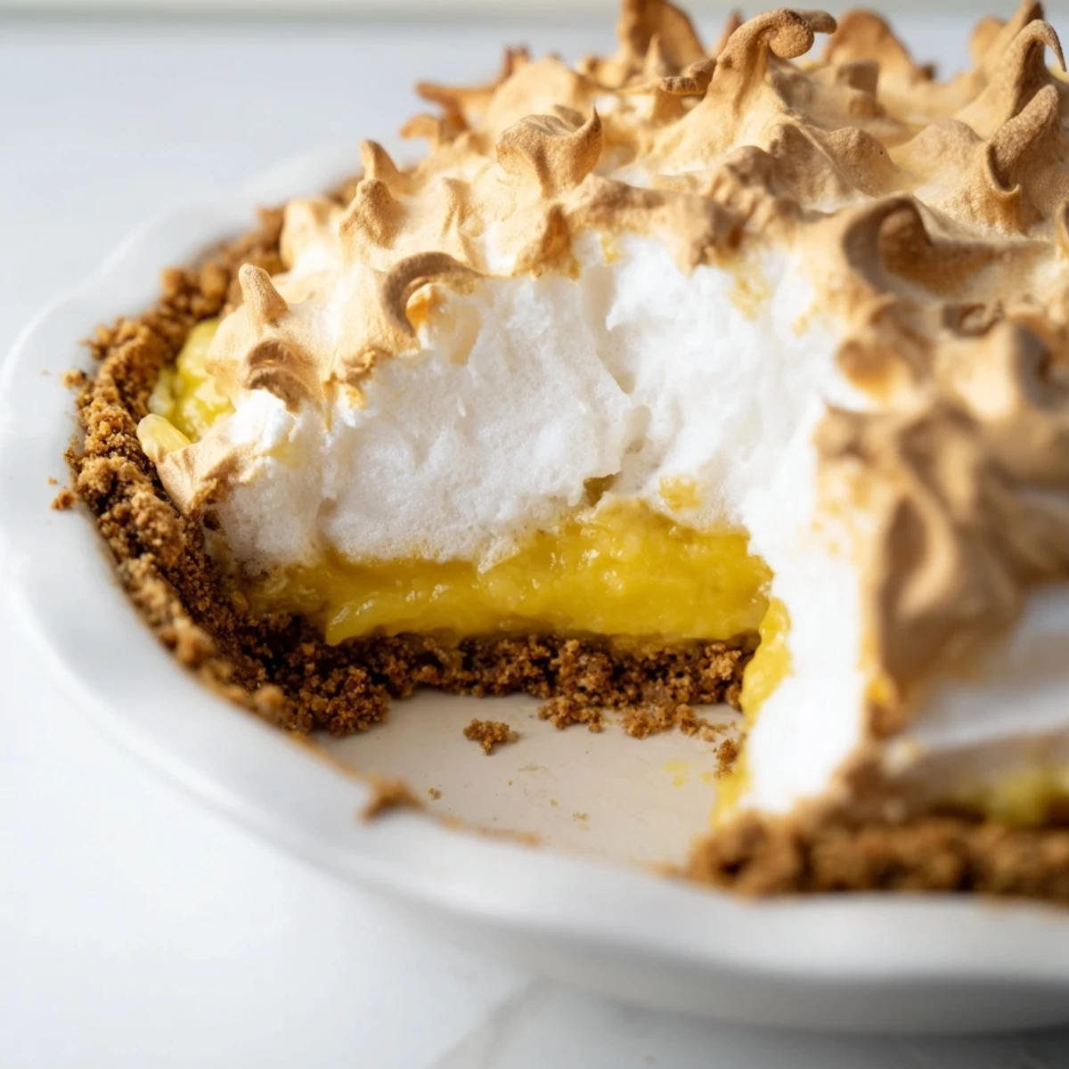 Homemade Lemon Meringue Pie with a cloud-like meringue topping, ready to serve with a fork on a sunny kitchen table.