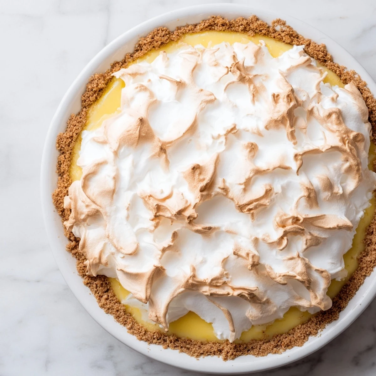Slice of zesty Lemon Meringue Pie revealing tangy lemon filling and a sweet, crunchy graham cracker base on a white plate.