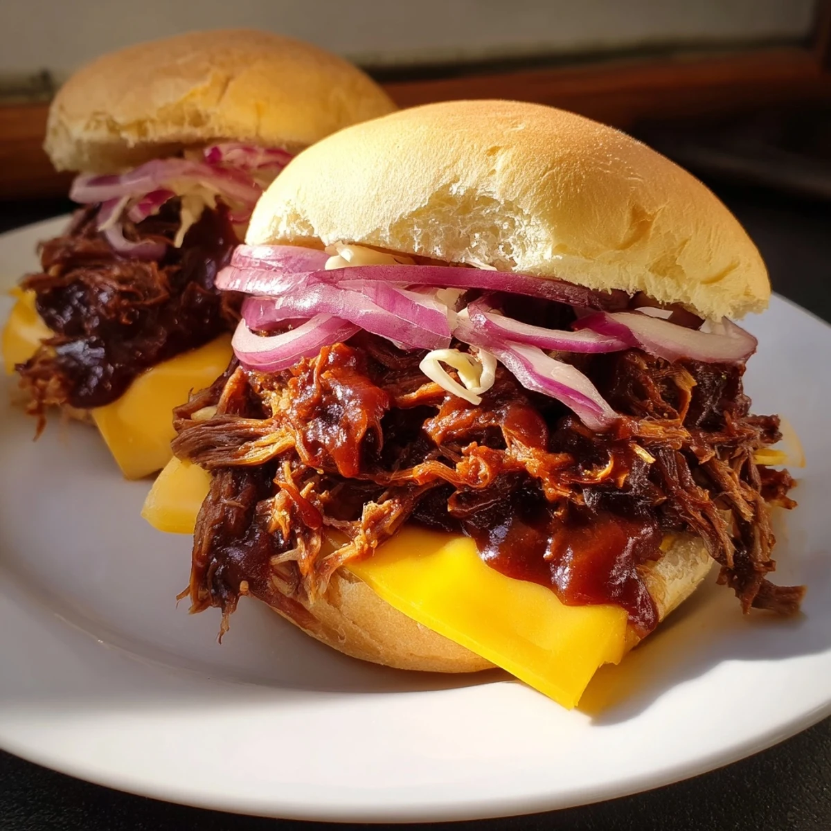 Golden, slow-cooked MVP Beef Brisket Sliders on toasted buns, topped with tangy BBQ sauce for a game day feast.