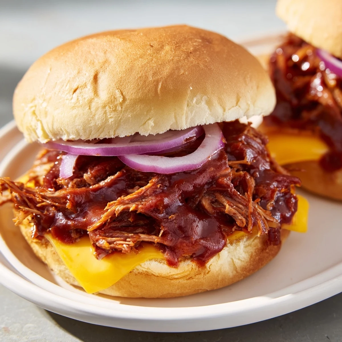 Tender shredded brisket and melted cheddar cheese on soft buns, drizzled with smoky barbecue sauce for game day.