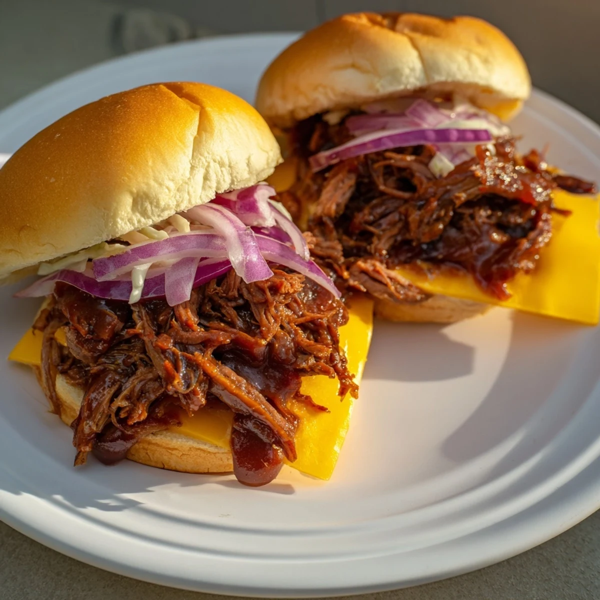 Festive MVP Beef Brisket Sliders garnished with red onion and coleslaw, served warm on a rustic wooden board.
