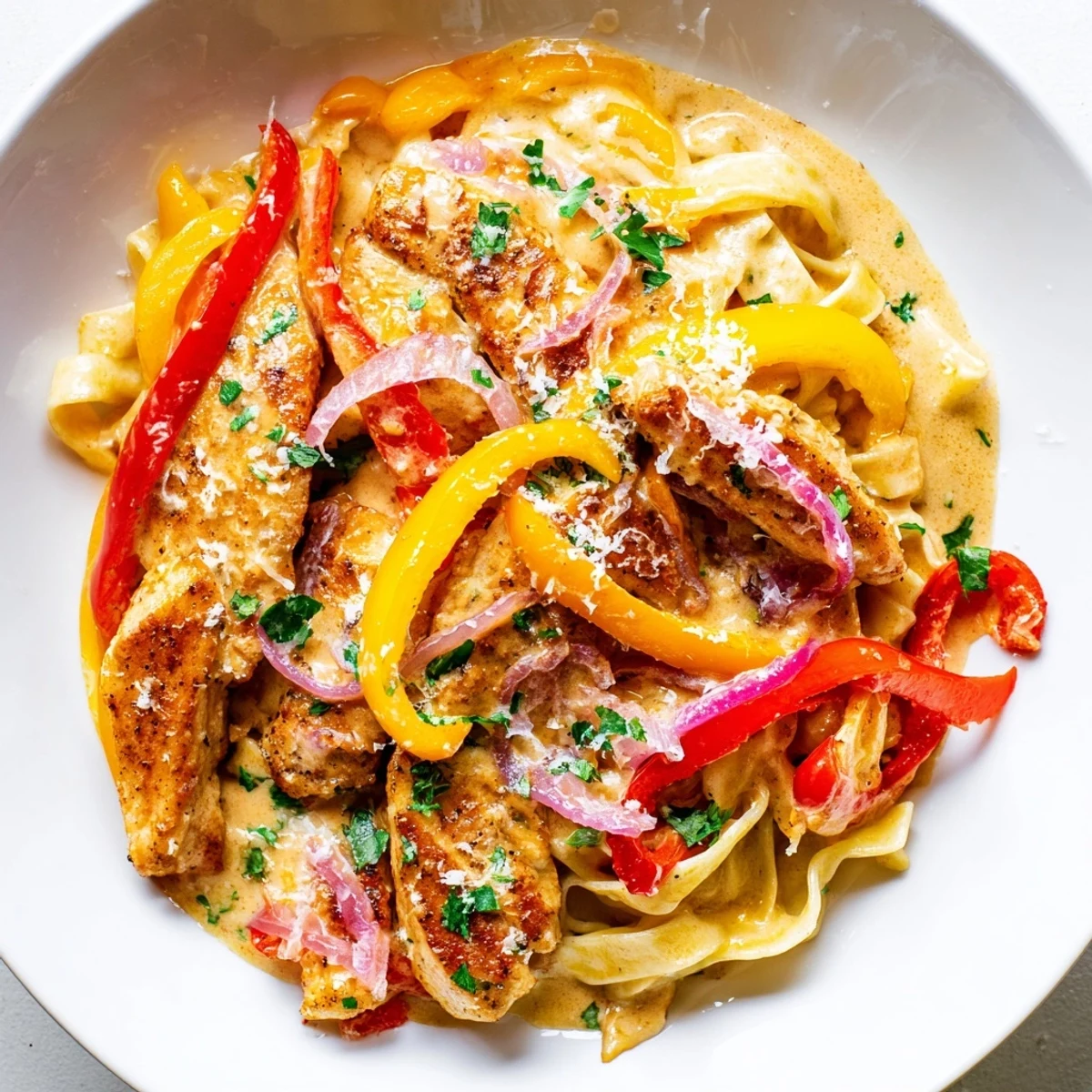 Cajun Chicken Pasta with Bell Peppers served in a white bowl, garnished with fresh parsley and extra Parmesan cheese.