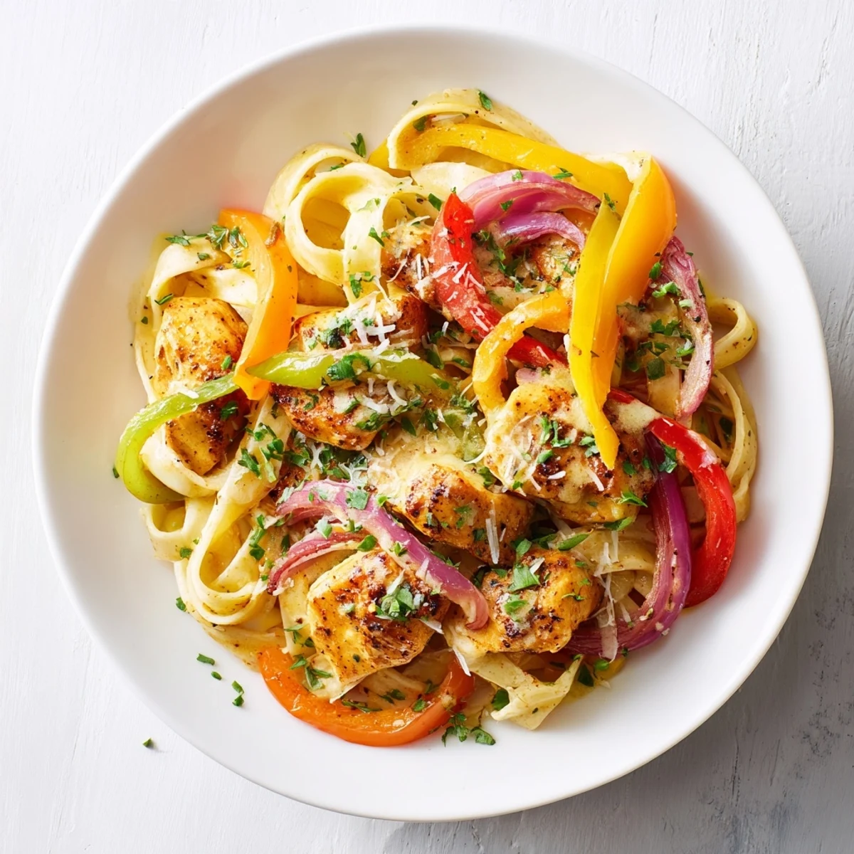 A fork twirls creamy Cajun Chicken Pasta with Bell Peppers alongside vibrant red, yellow, and green bell peppers.