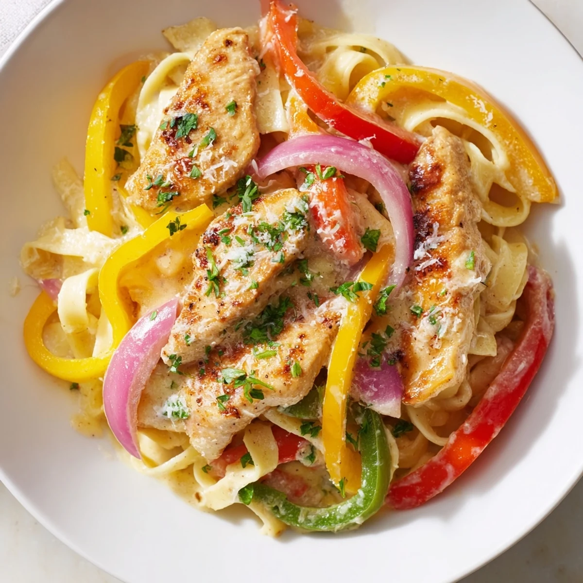 Sizzling skillet of Cajun Chicken Pasta with Bell Peppers topped with melted Parmesan and a sprinkle of chili flakes.