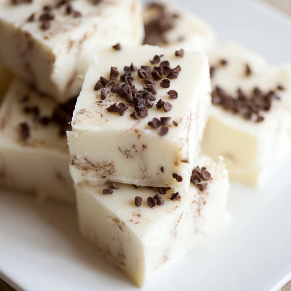 A glossy slab of homemade Irish Cream Fudge, cut into neat squares on a parchment-lined surface for easy serving.