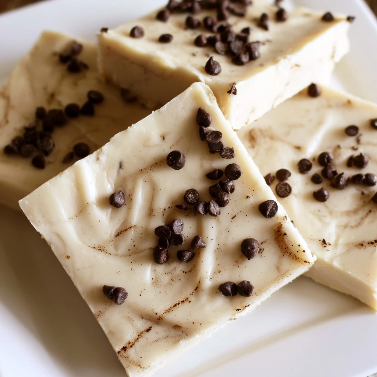 Smooth, rich Irish Cream Fudge pieces are arranged on a wooden board, ready to enjoy with a cup of coffee.