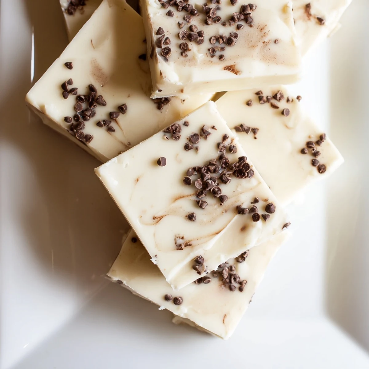The creamy white chocolate Irish Cream Fudge squares feature mini chocolate chips on top, perfect for a sweet dessert platter.