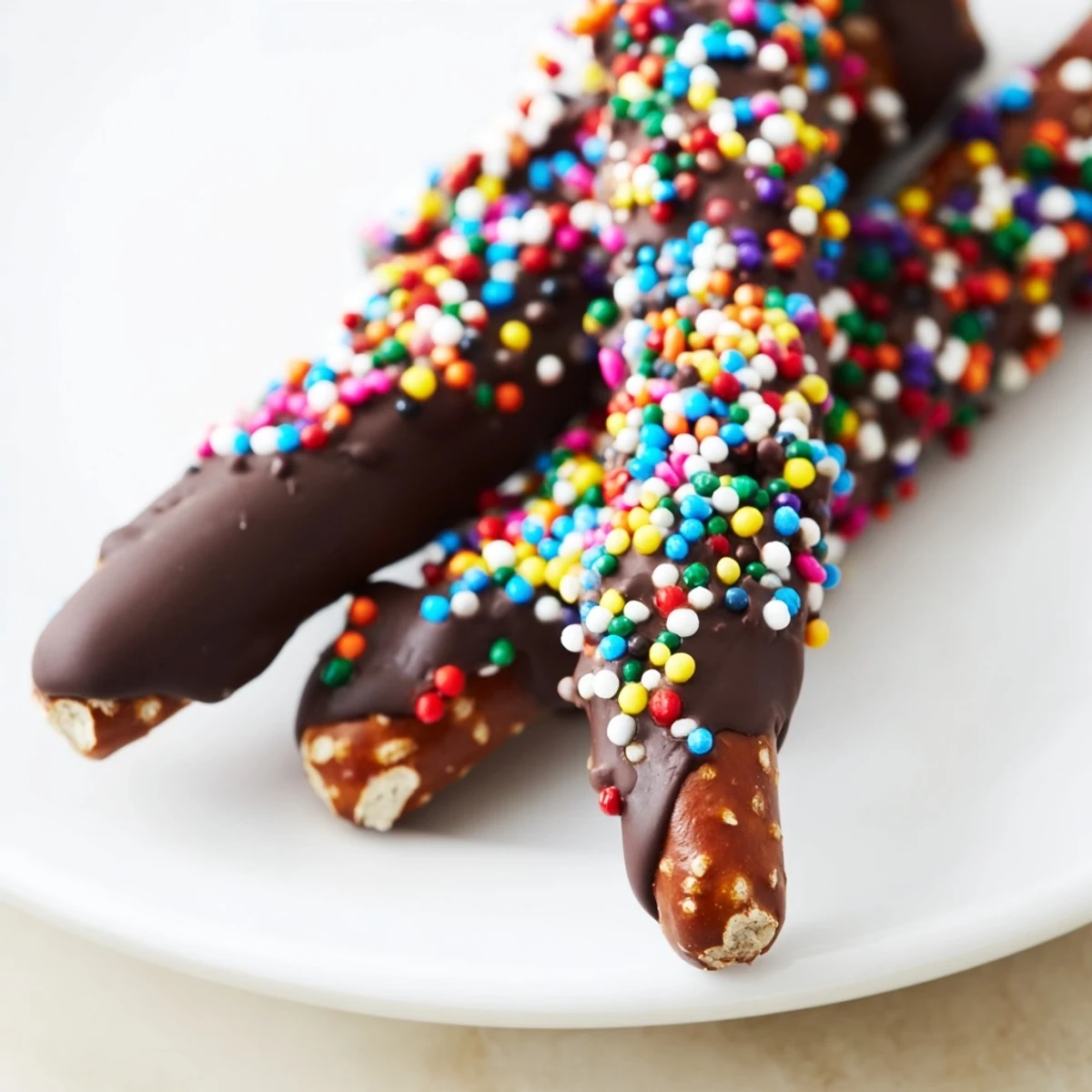 Crispy pretzel rods dipped in smooth chocolate and sprinkled with colorful toppings, perfect for a sweet snack.